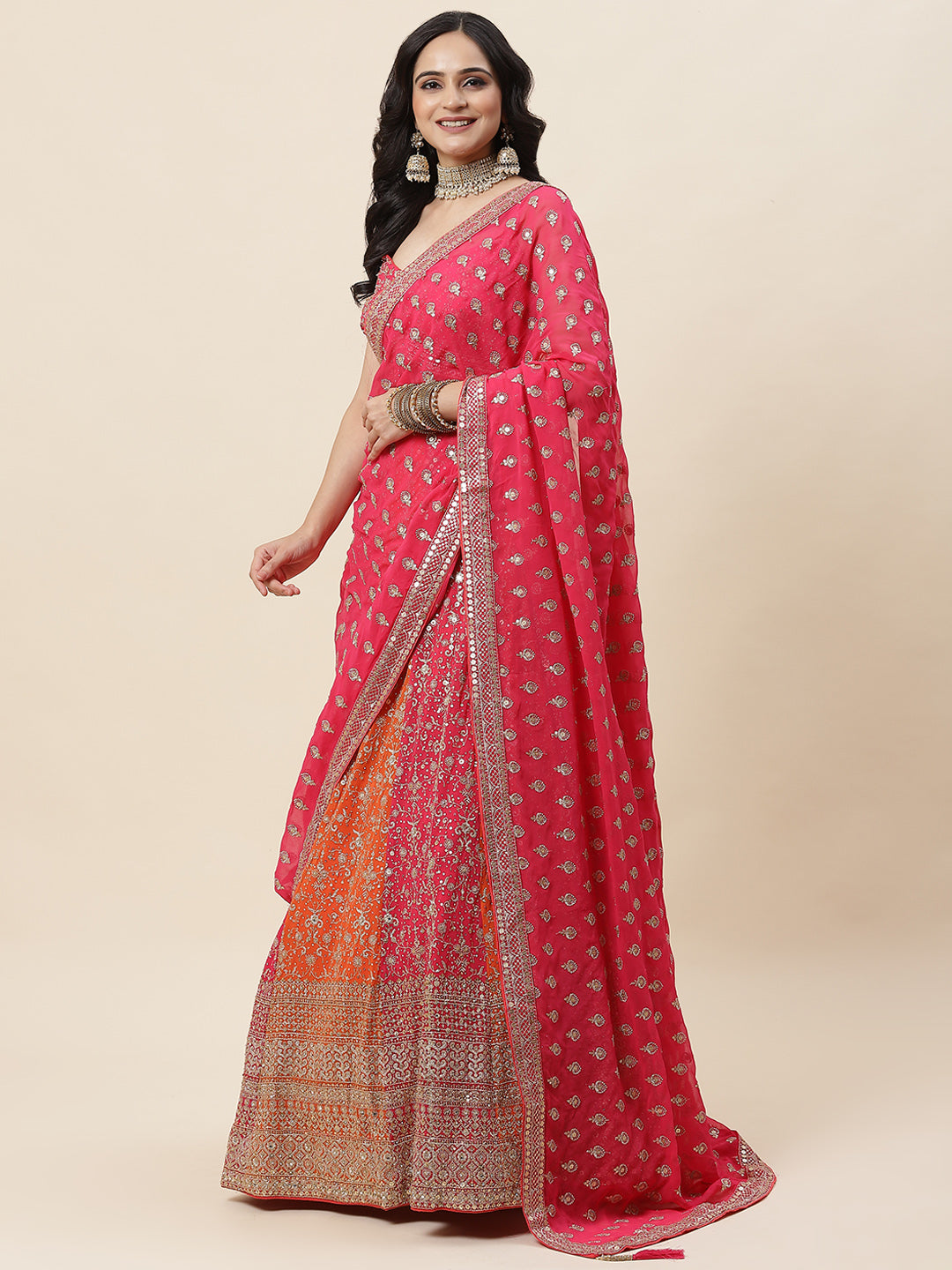 Zari Embroidered Georgette Choli With Lehenga &amp; Dupatta