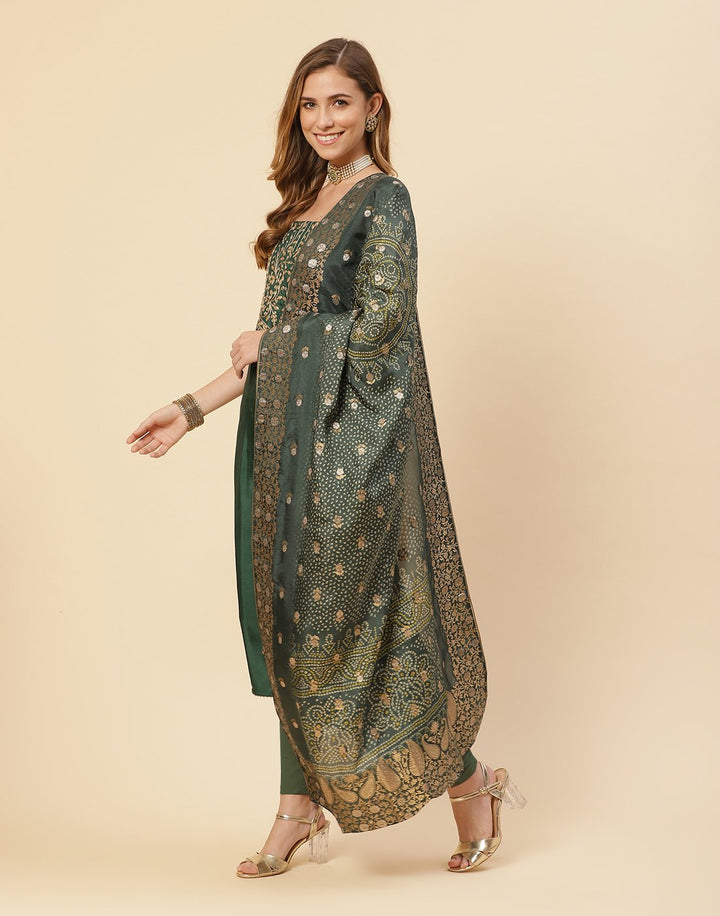 Embroidered Chanderi Suit Piece With Bandhini Dupatta