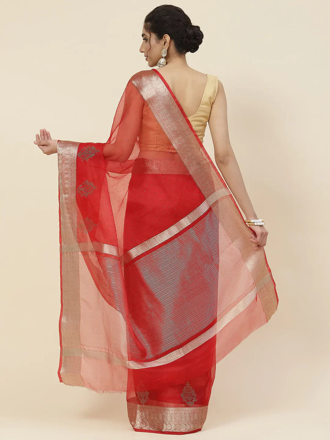 Stone Work Organza Plain Saree
