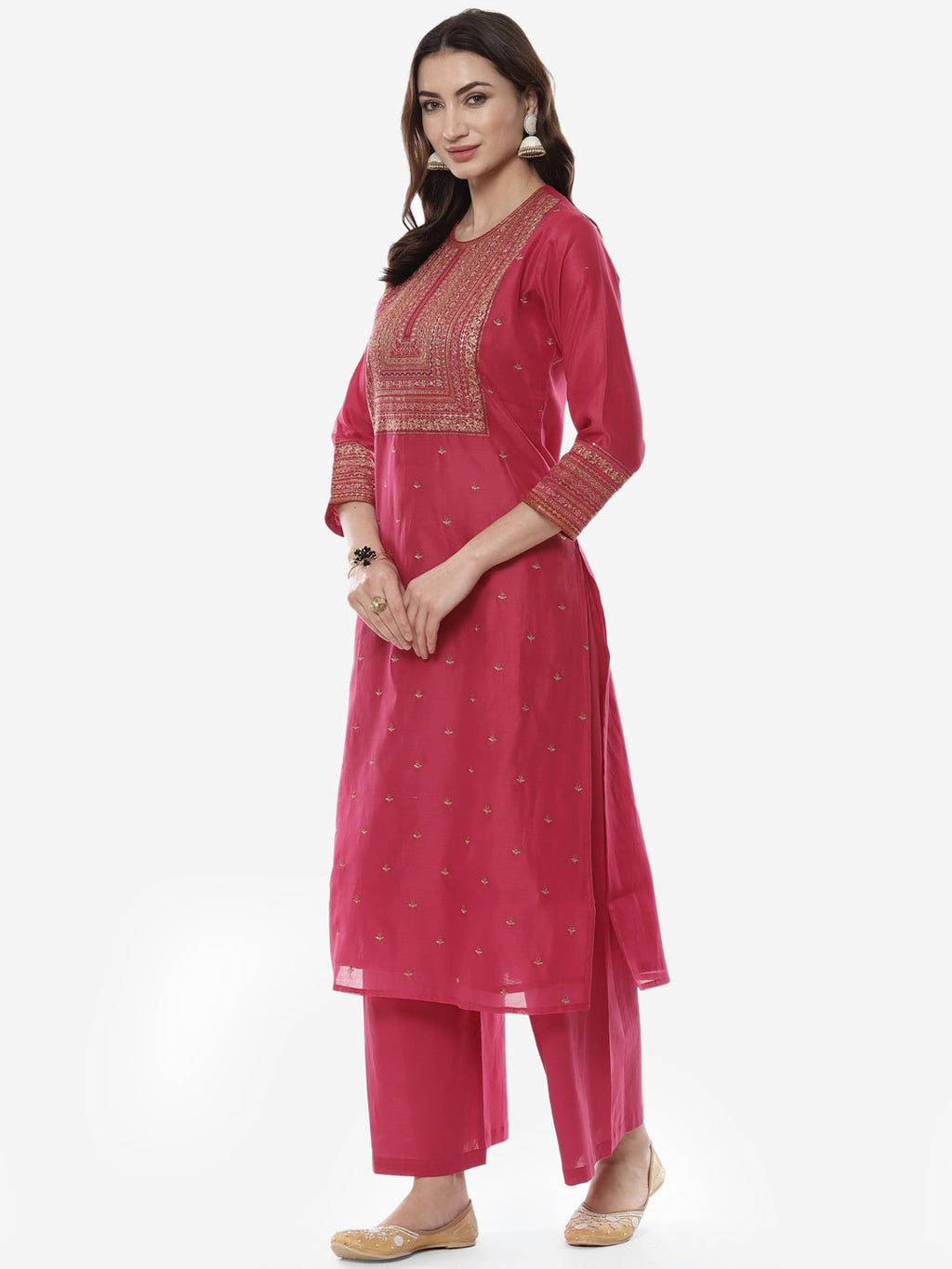 Zari Work Embroidered Chanderi Kurti With Palazzo