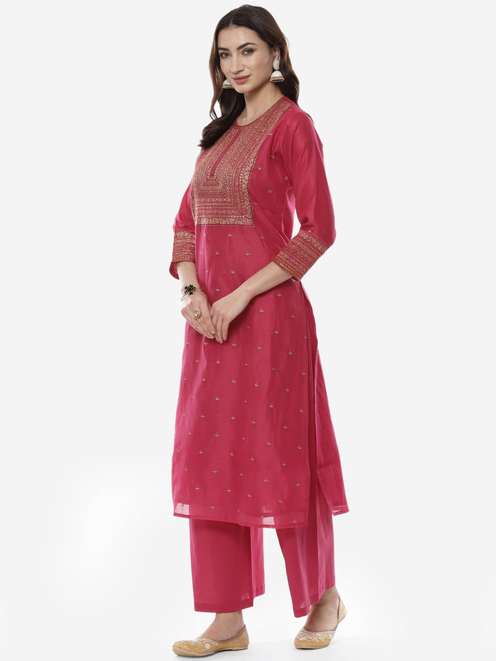 Zari Work Embroidered Chanderi Kurti With Palazzo