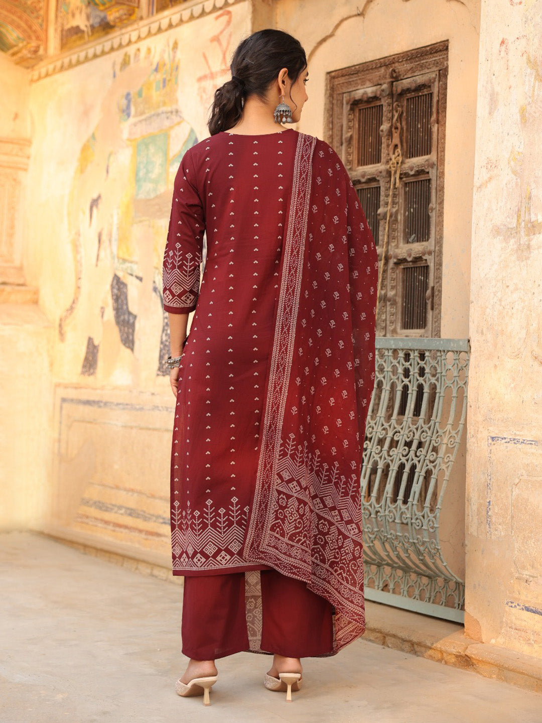 Wine Cotton Blend Printed Straight Suit Set