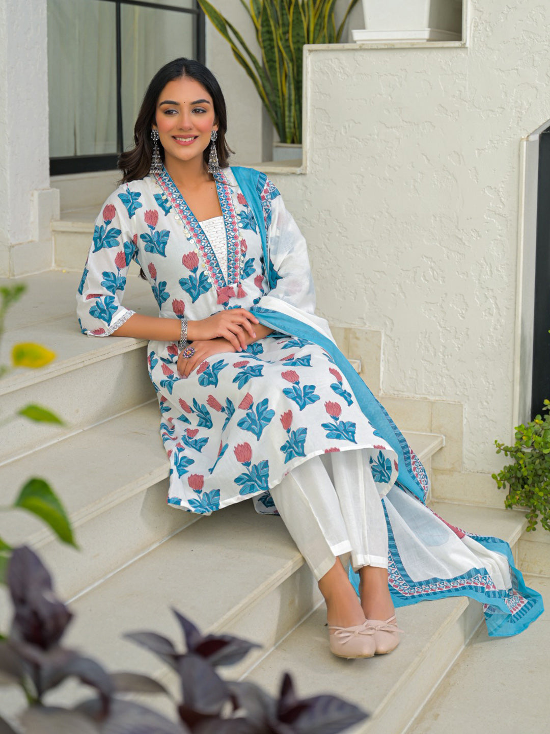 Blue Printed Cotton Blend Straight Suit Set With Dupatta
