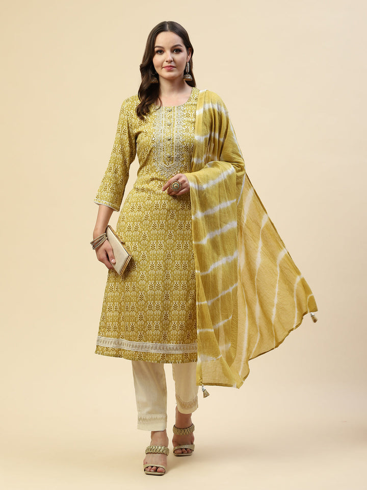 Digital Printed Cotton Kurta With Pants &amp; Cotton Dupatta