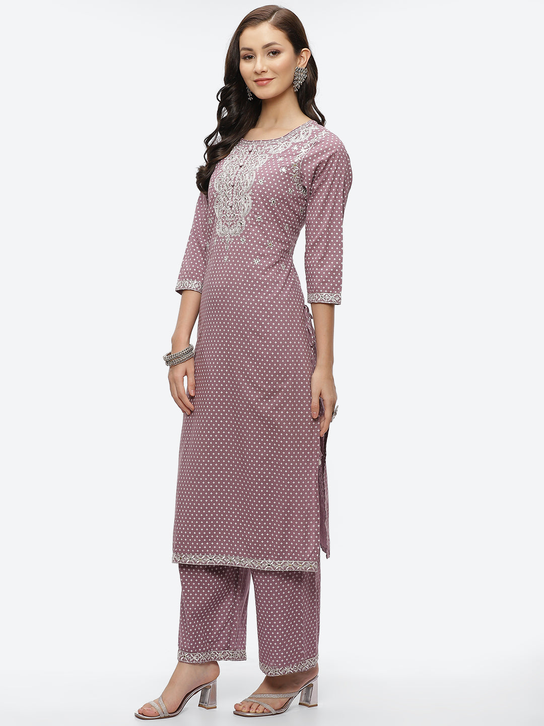 Mirror Neck Embroidered Cotton Kurta With Palazzo