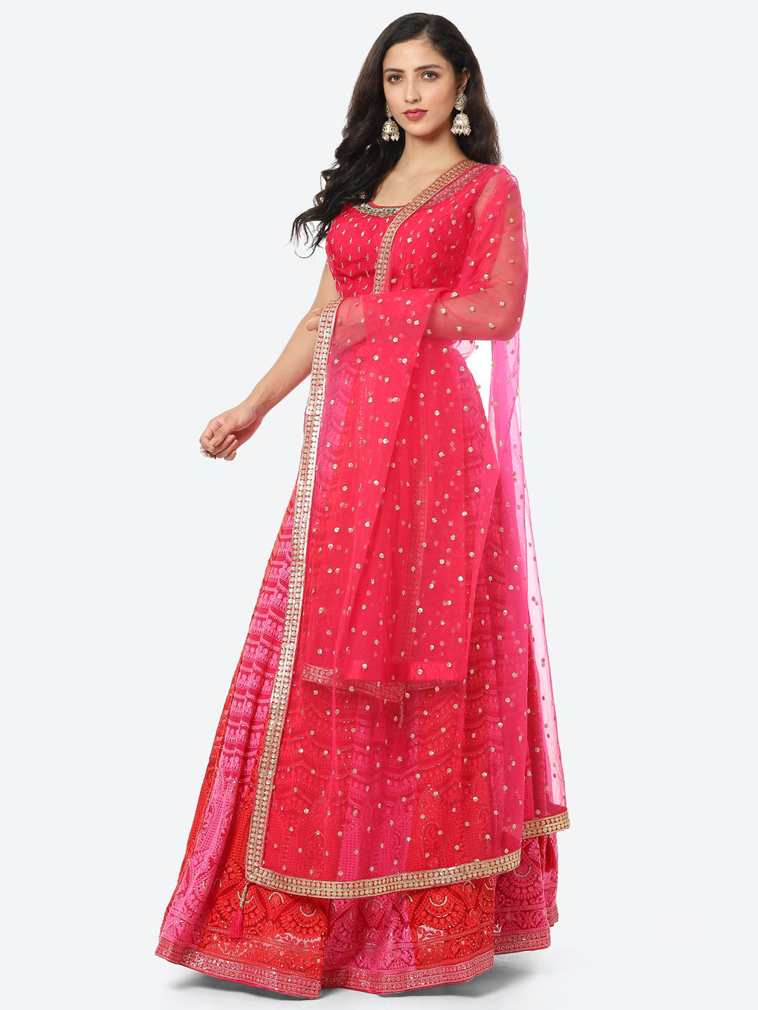 Embroidered Jaal Work Gerorgette Choli With Lehenga &amp; Net Dupatta