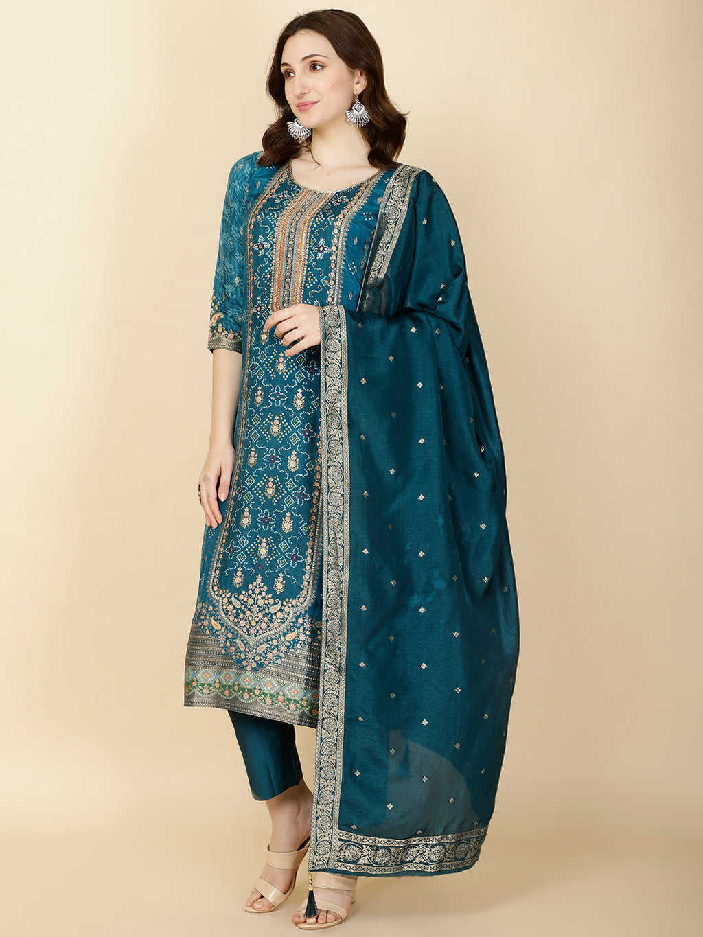 Printed Handloom Kurta With Pants & Dupatta