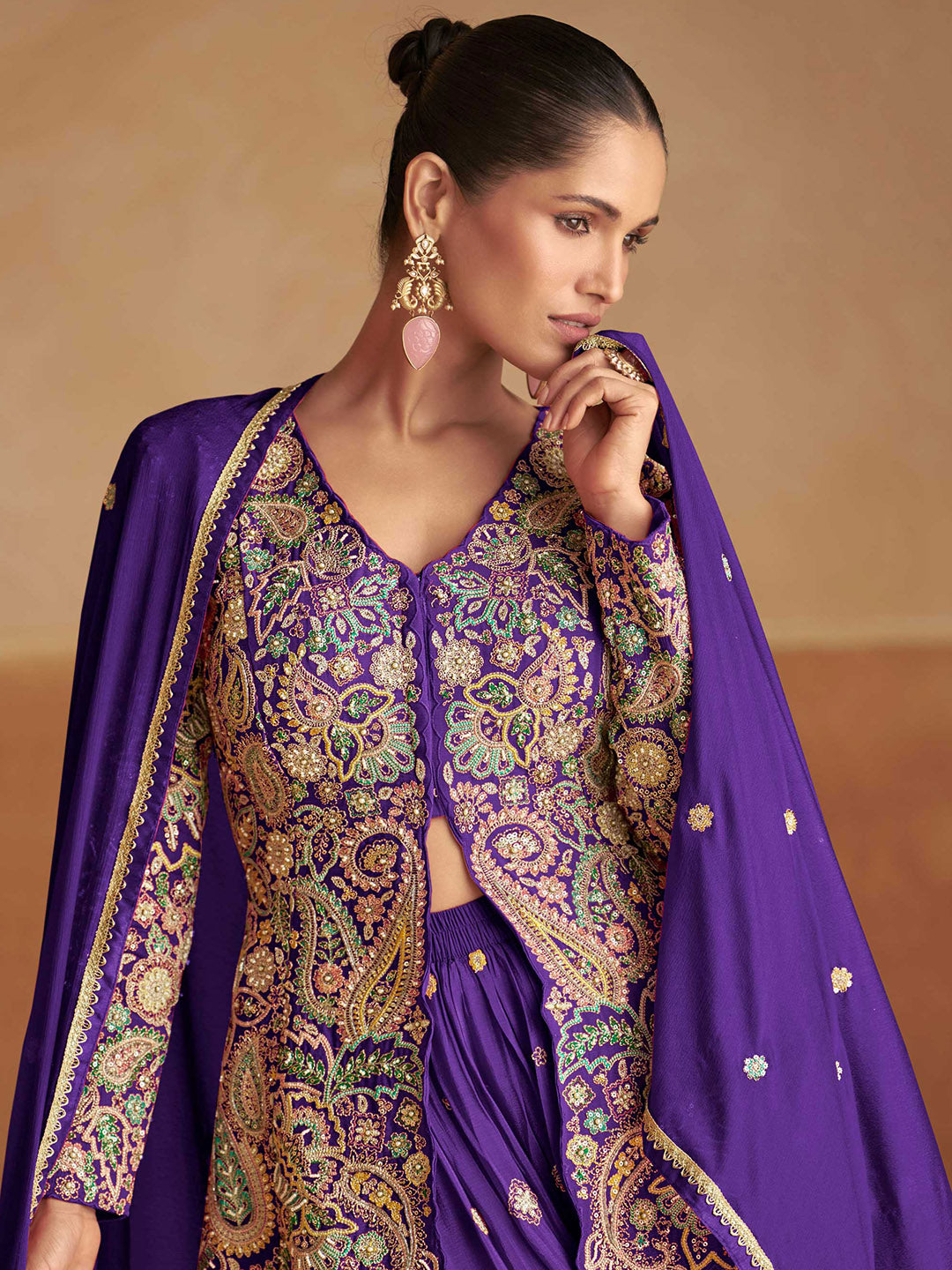 Embroidered Chinon Kurti With Gharara &amp; Dupatta