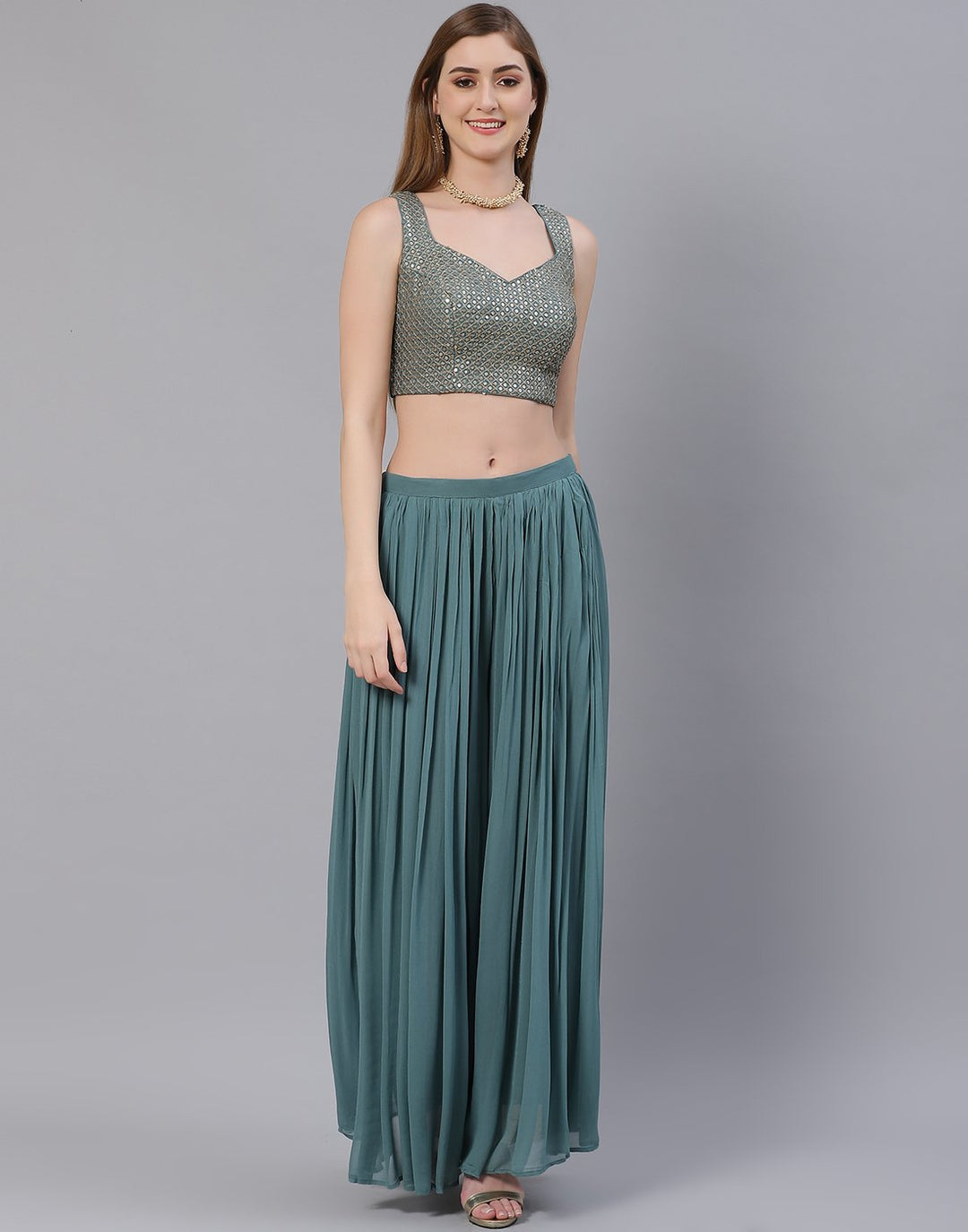 Dusty Green Georgette Salwar Kameez Stitched Suit
