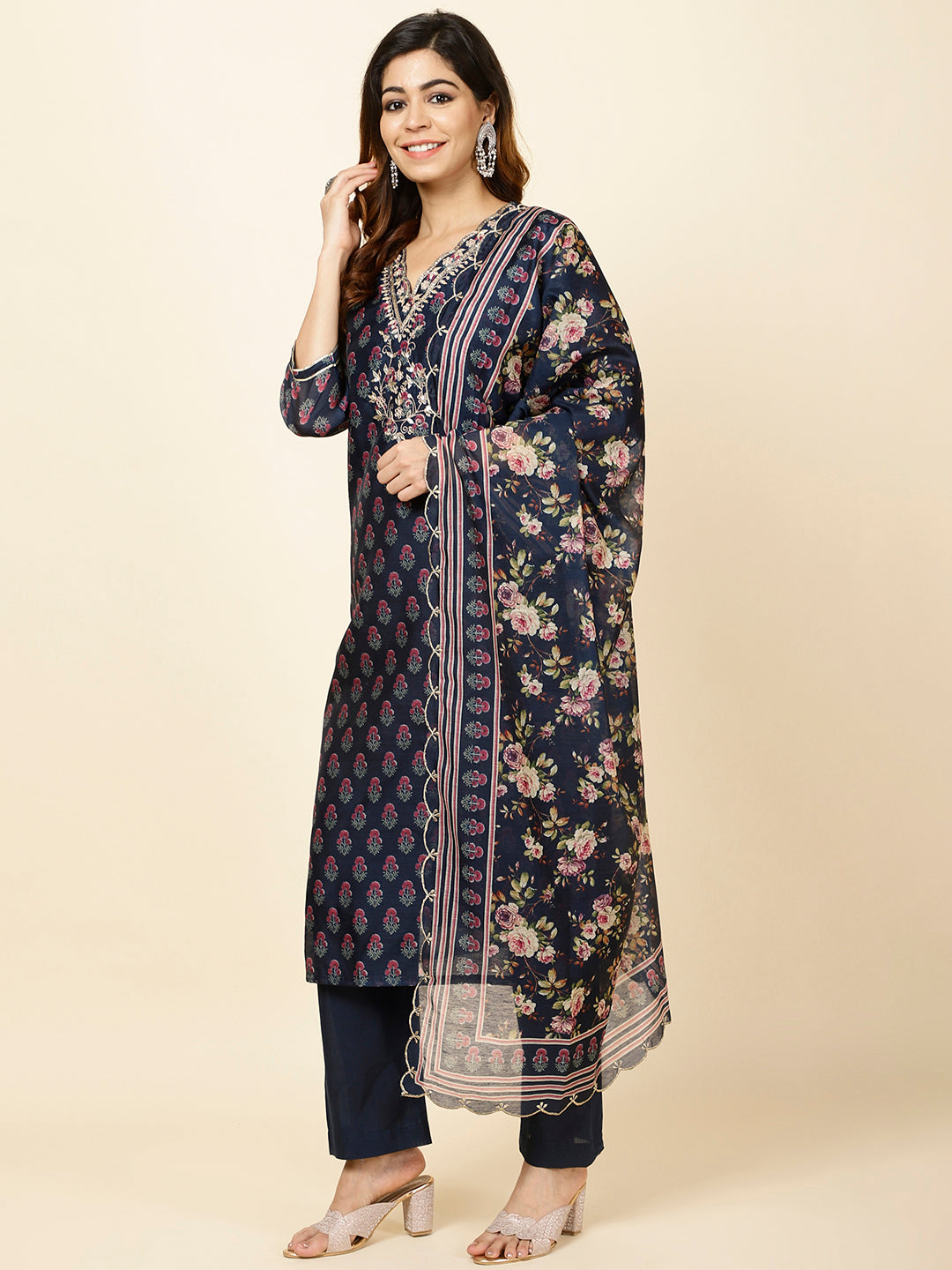 Printed Chanderi Kurta With Pants &amp; Dupatta