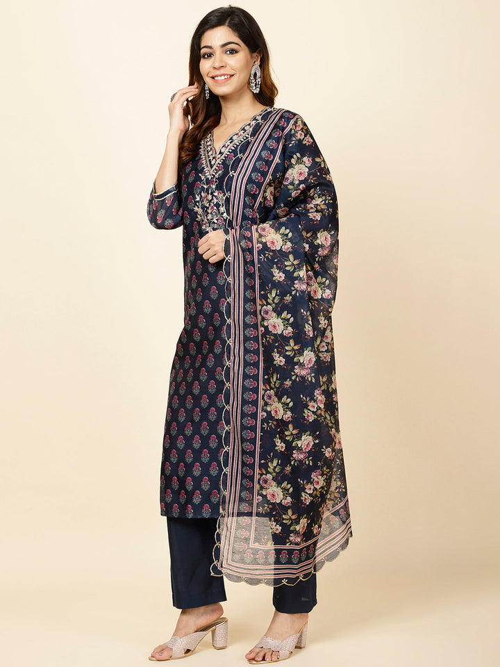 Printed Chanderi Kurta With Pants &amp; Dupatta