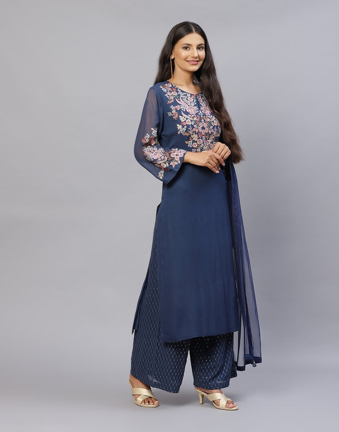 Embroidered Georgette Kurti Palazzo with Dupatta