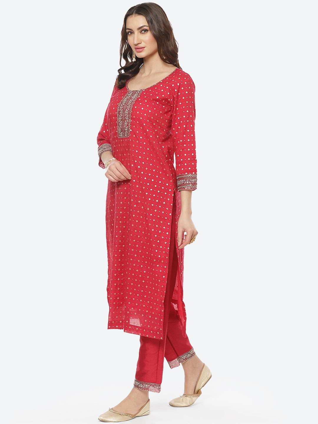 Sequence Neck Zari Embroidered Cotton Kurti With Pant
