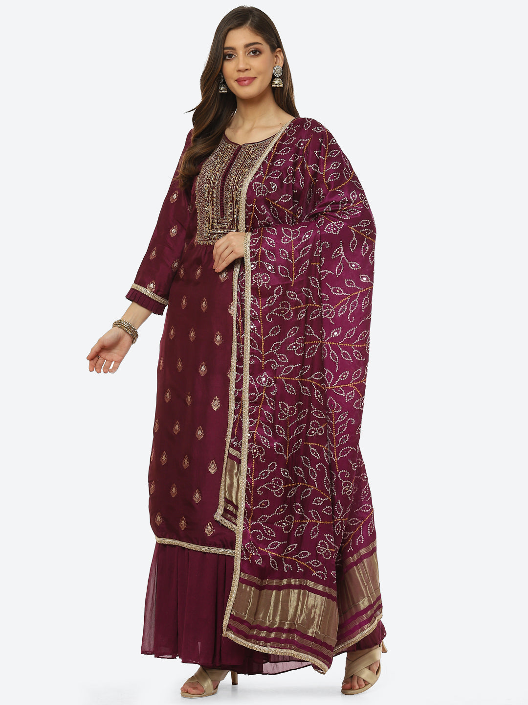Zari Booti Neck Zari Embroidered Handloom Kurta With Palazzo & Dupatta