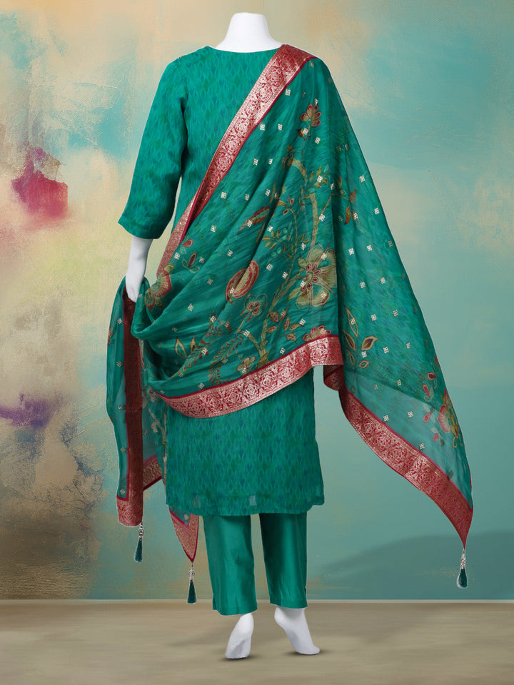 Bandhani Printed Organza Kurta With Pants &amp; Dupatta
