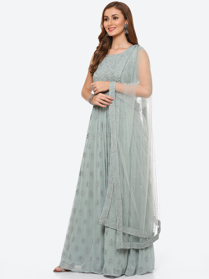 Resham Booti Georgette Anarkali Kurta With Churidar &amp; Net Dupatta
