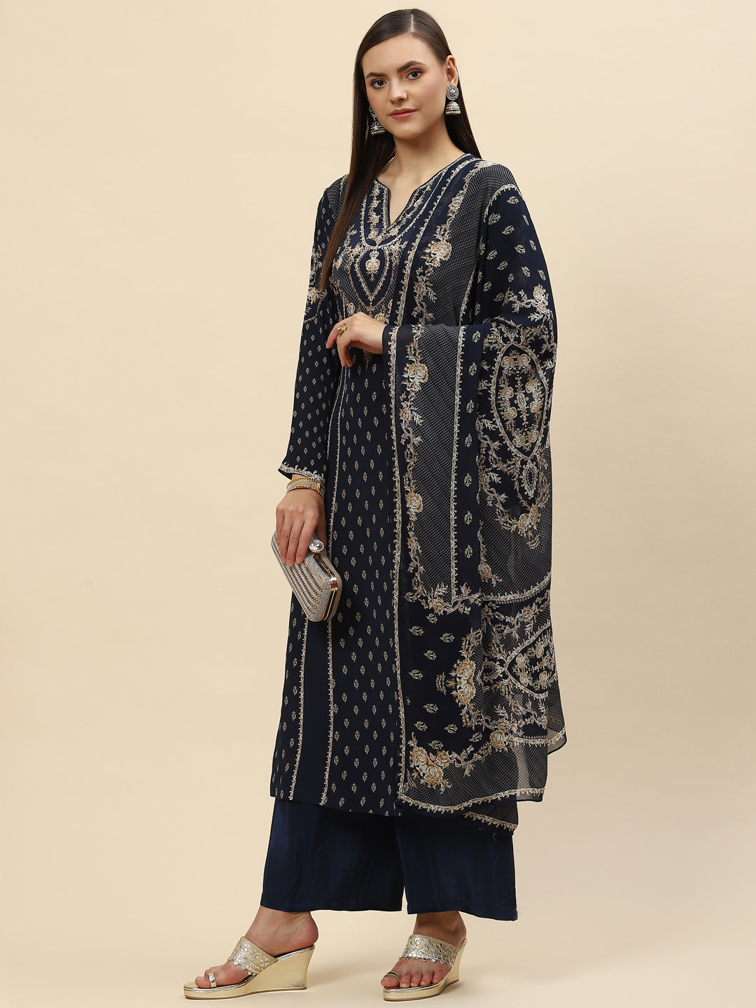 Digital Printed Crepe Kurta With Palazzo & Net Dupatta