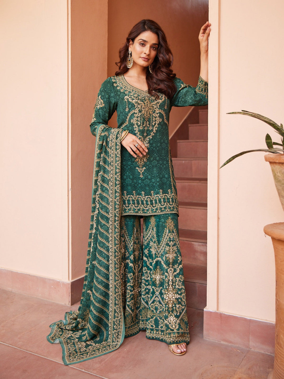 Digital Printed Crepe Kurta With Sharara &amp; Georgette Dupatta