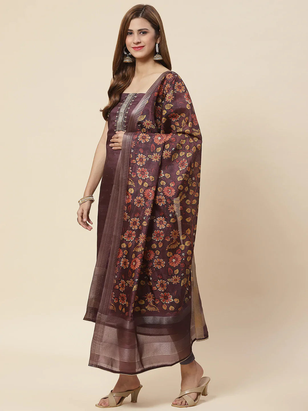 Neck Embroidered Chanderi Unstitched Suit Piece With Dupatta
