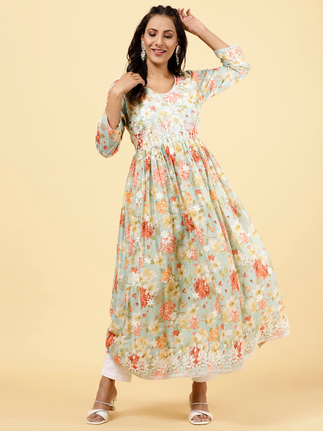 Floral Printed &amp; Neck Embroidered Cotton Kurta