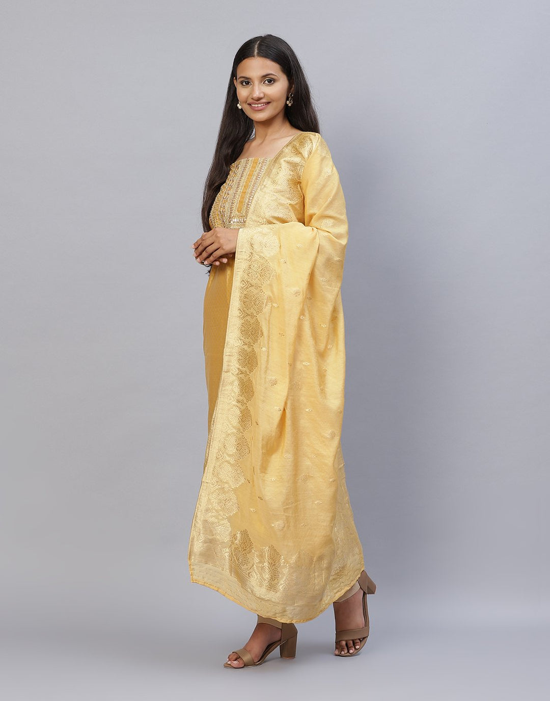 Embroidered Chanderi Suit Piece With Chanderi Banarasi Dupatta