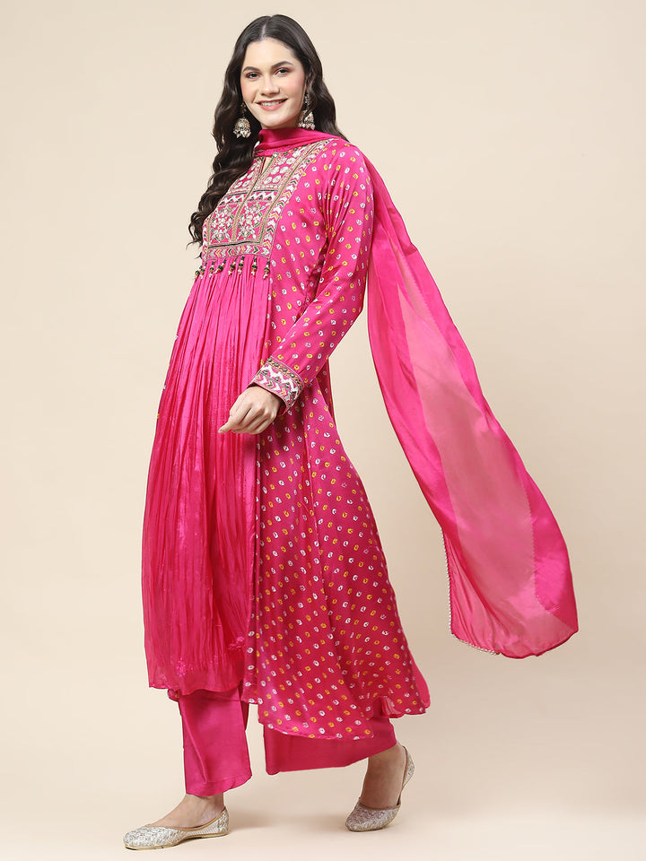 Bandhani Printed Crepe Kurta With Pants &amp; Dupatta