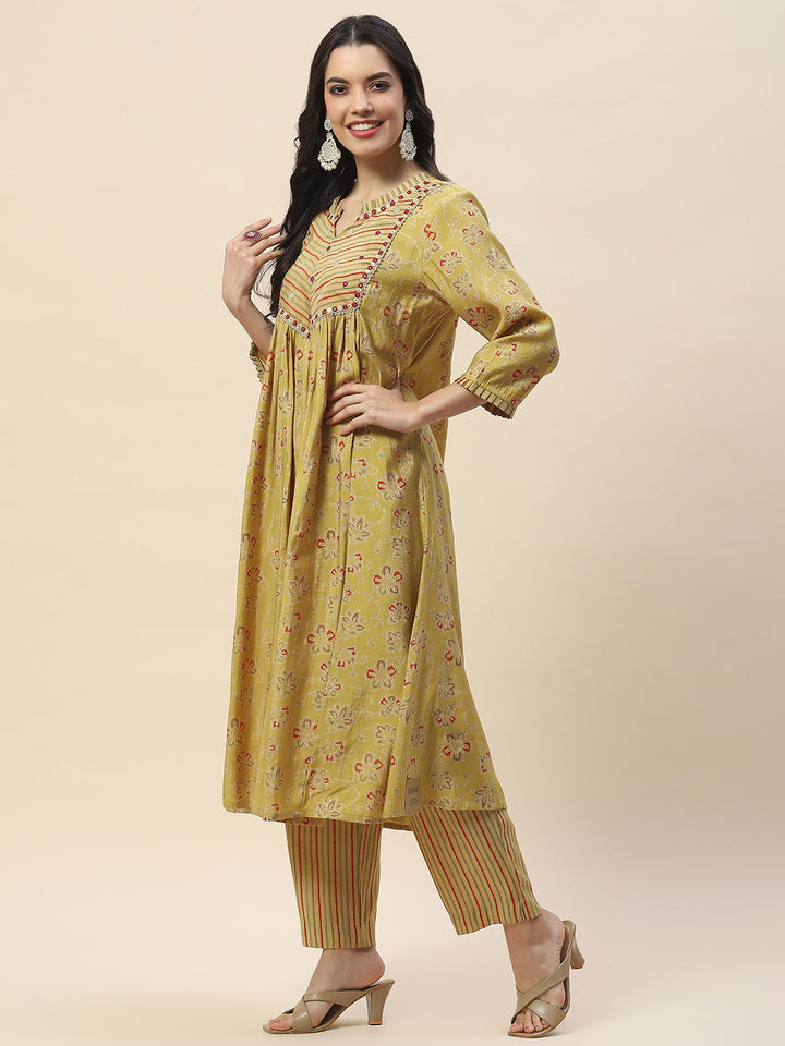 Yoke Embroidery Cotton Kurta With Pants
