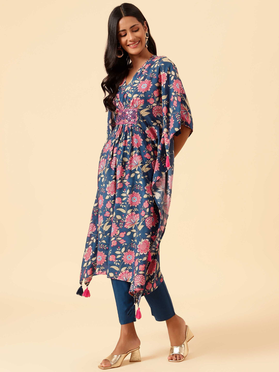 Floral Printed Muslin Kaftan Kurta