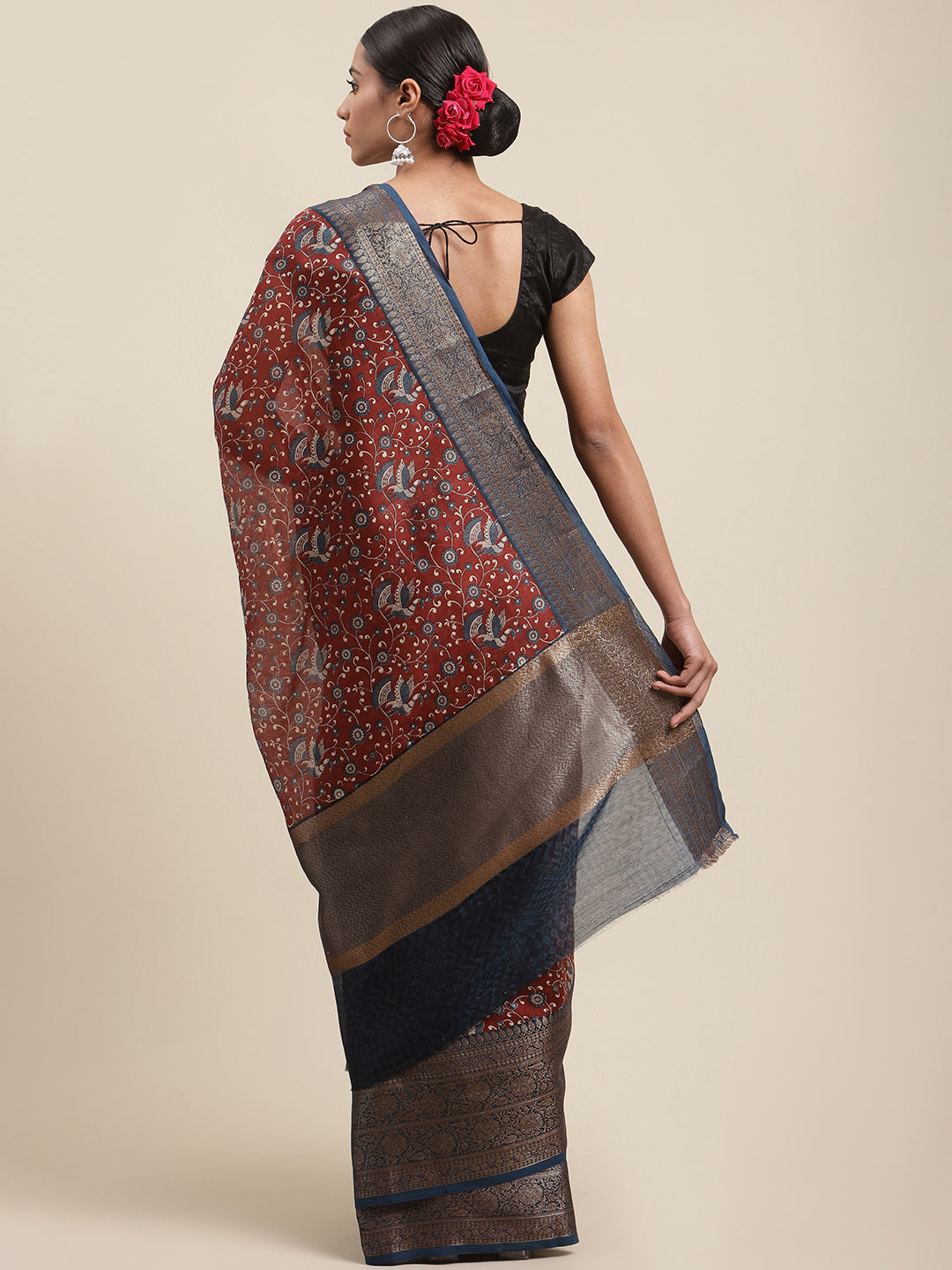 Floral Printed Banarasi Border Pallu Cotton Chanderi Saree