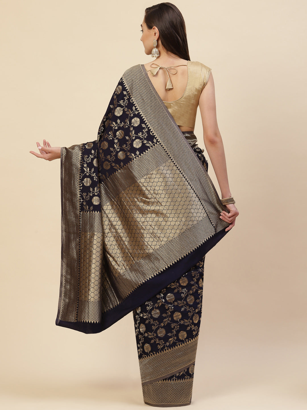 Floral Zari Border Booti Georgette Plain Saree