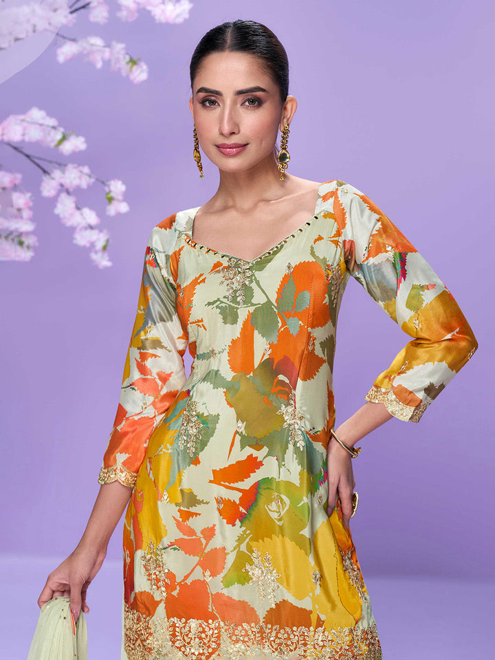 Embroidered Chinon Suit With Plazzo &amp; Dupatta