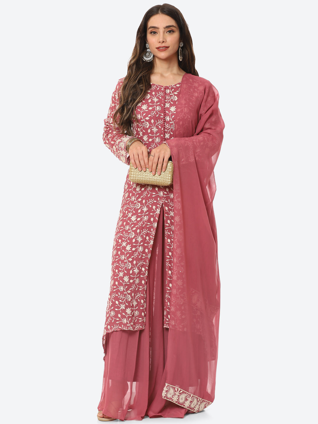 Resham Jaal Georgette Kurta With Palazzo &amp; Dupatta