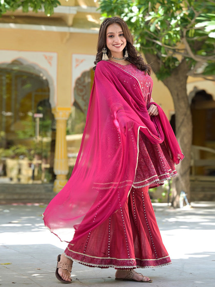 Bandhej Printed Cotton Kurta With Garara &amp; Dupatta