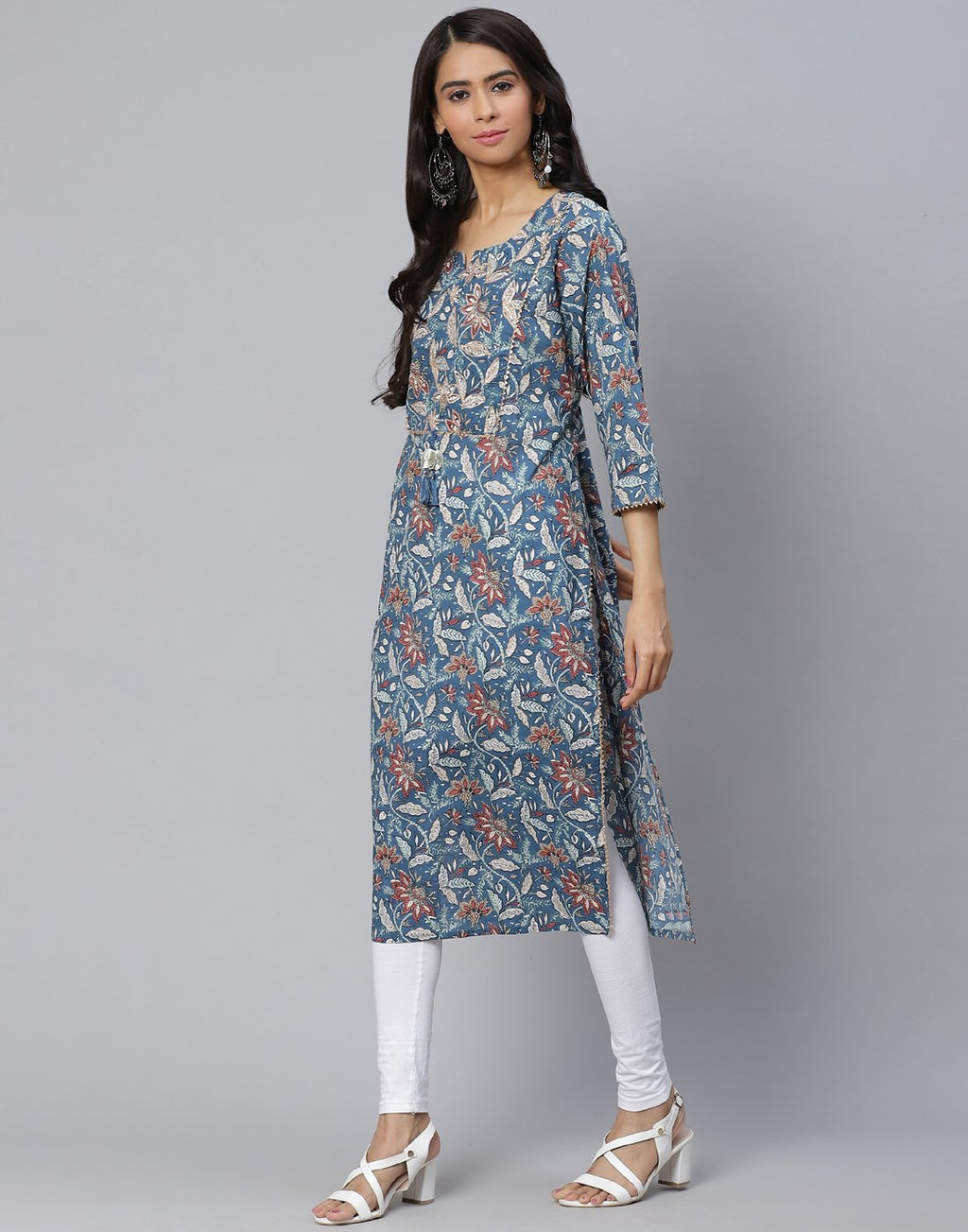 Floral Print Kurti With Gota Detail