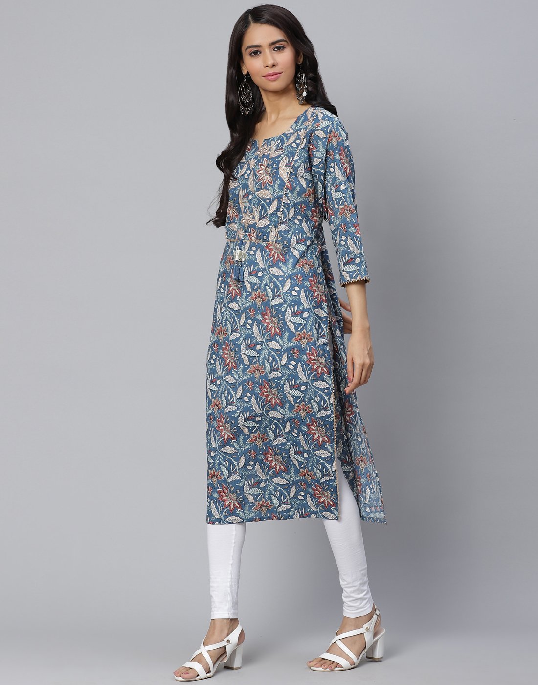 Floral Print Kurti With Gota Detail