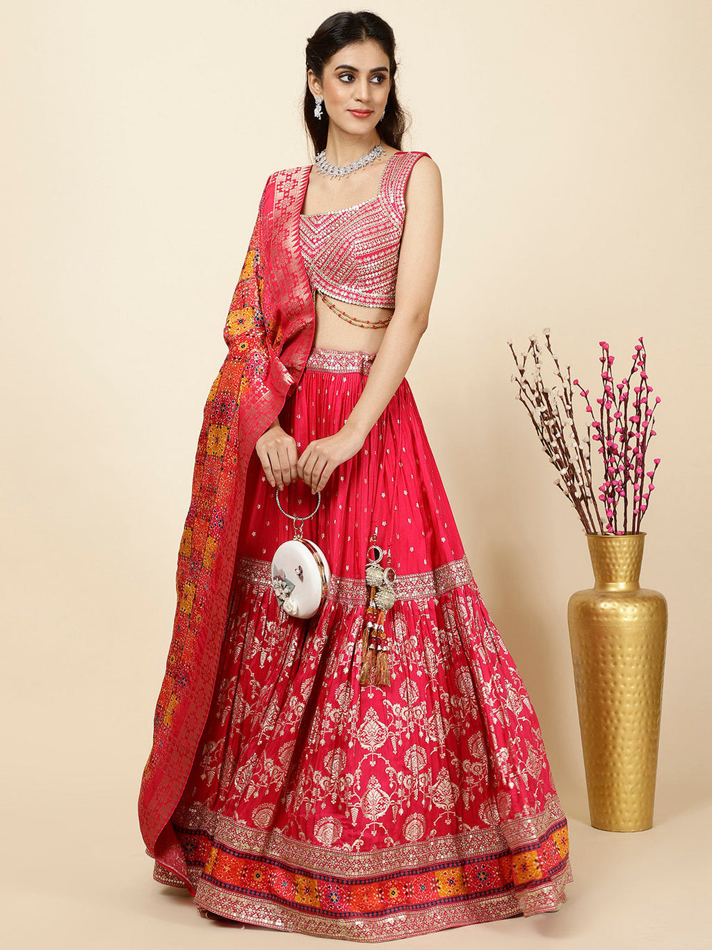 Embroidered Banarsi Choli With Lehenga & Dupatta
