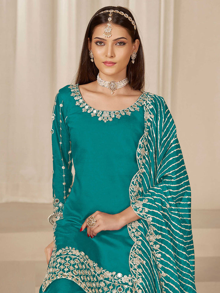 Embroidered Art Silk Semi Stitched Kurta With Skirt &amp; Dupatta