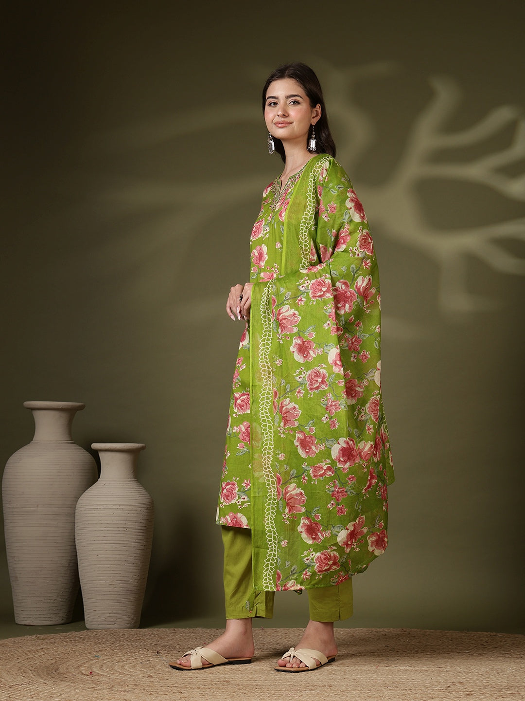 Printed Cotton Blend Kurta With Pant &amp; Dupatta