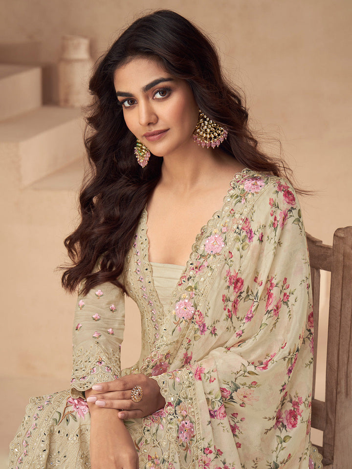 Embroidered Chinon Silk Kurta With Plazzo &amp; Dupatta