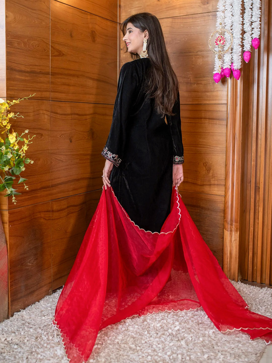 Embroidered Velvet Kurta With Pants &amp; Dupatta