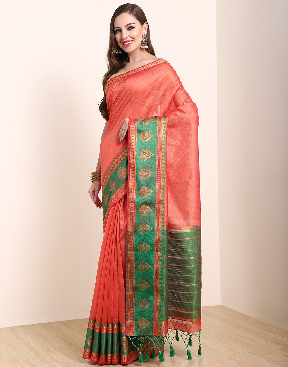 MBZ Meena Bazaar-Peach Art Handloom Saree