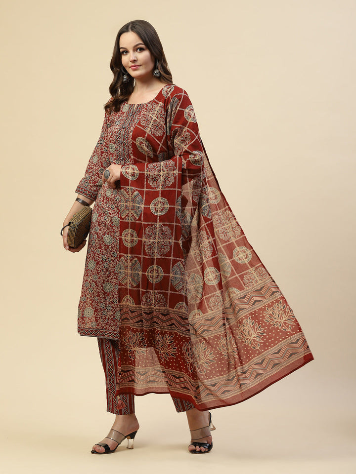 Printed Cotton Kurta With Pant &amp; Cotton Dupatta