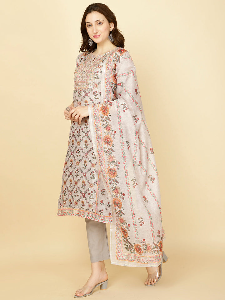 Floral Printed Chanderi Kurta With Pants &amp; Dupatta