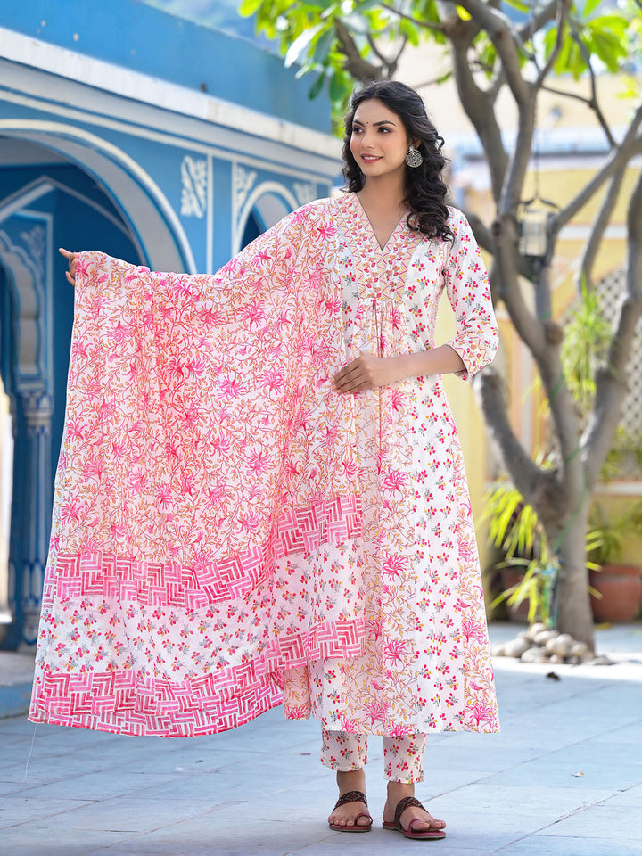 Printed Cotton Kurta With Pants &amp; Dupatta