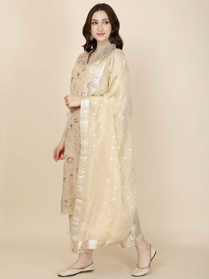 Floral Woven Tissue Kurta With Pants &amp; Dupatta