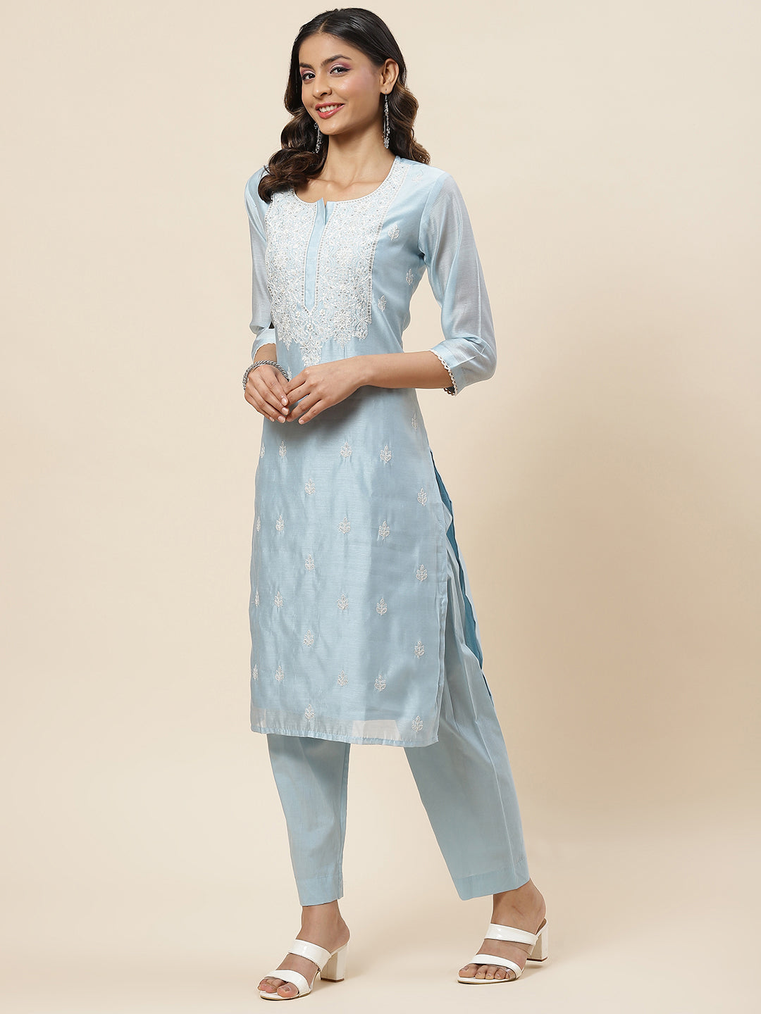Embroidered Chanderi Kurta With Pants