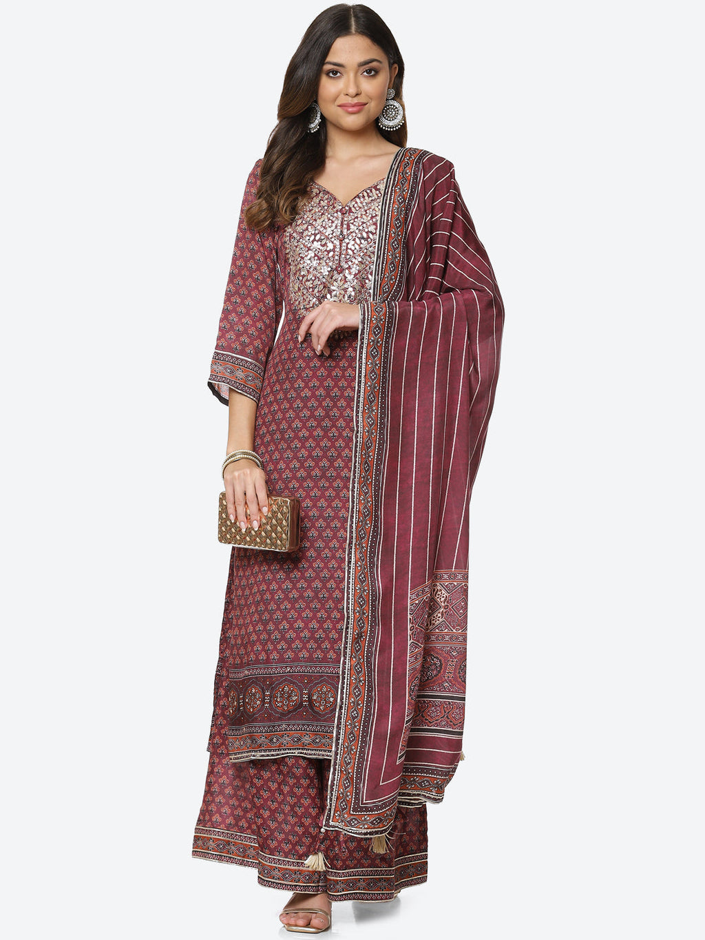 Printed Gota Neck Cotton Kurta With Palazzo & Dupatta