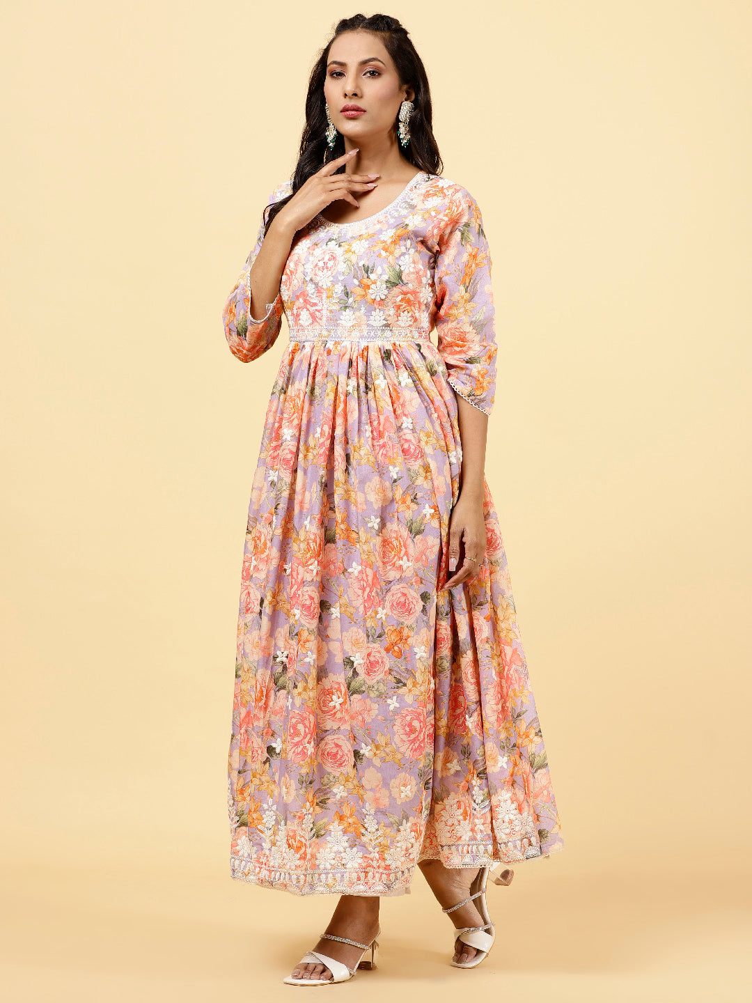 Floral Printed &amp; Neck Embroidered Cotton Kurta