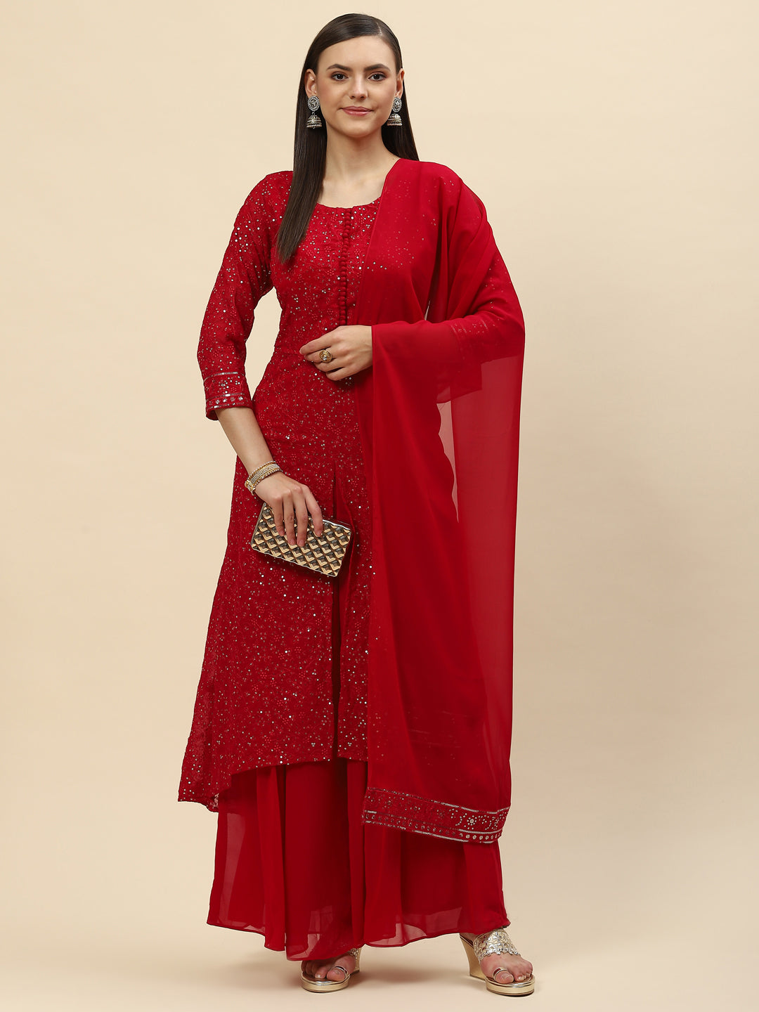 Sequin Embroidered Georgette Kurta With Palazzo &amp; Dupatta