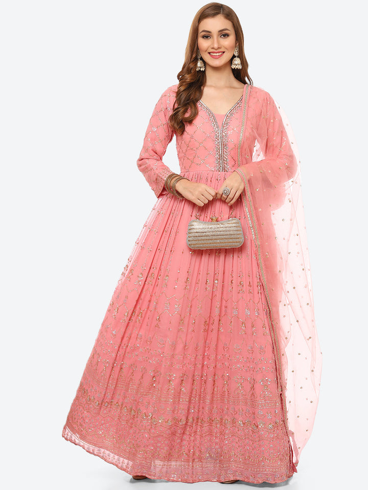 Sequin Work Georgette Anarkali Kurta With Churidar &amp; Net Dupatta